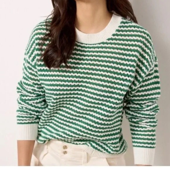 Spiritual Gangster Sweaters - Spiritual Gangster Large Green White Striped Open Knit Cotton Blend Sweater